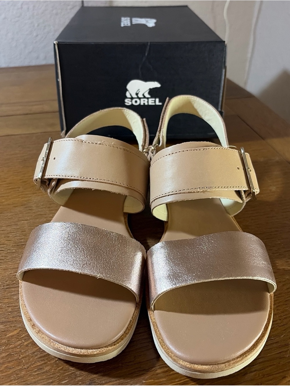 Sorel Women's Tan and Rose Gold Strap Sandals